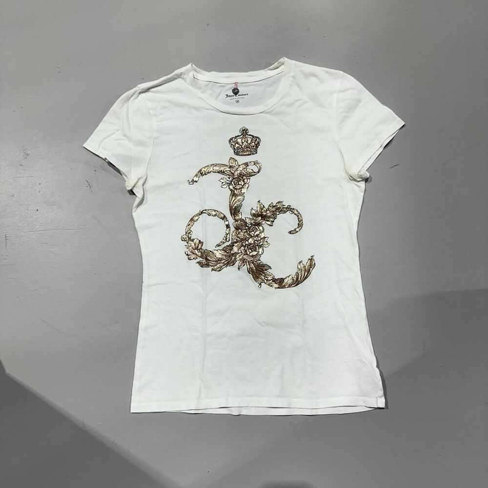 Juicy Couture Women's Medium White T-Shirt with Gold Logo
